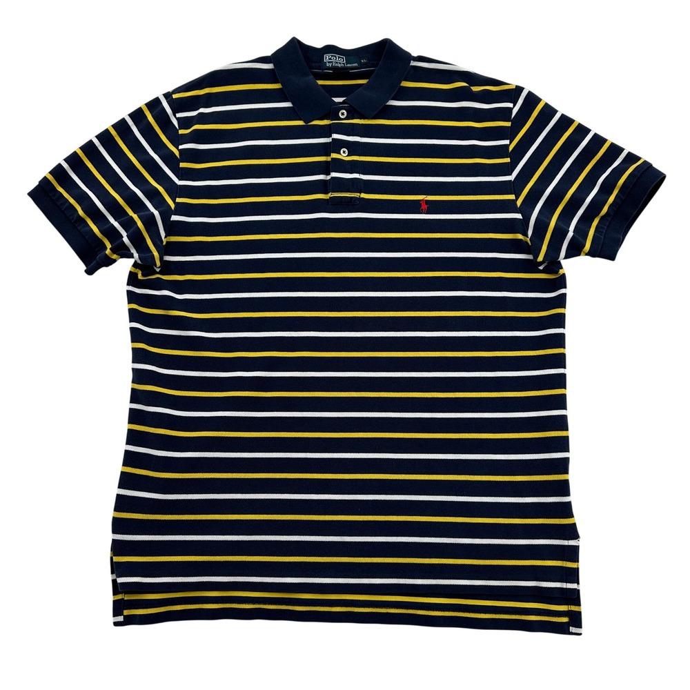 Polo Ralph Lauren Mens XL Navy Blue Yellow White Striped Short Sleeve Polo Shirt